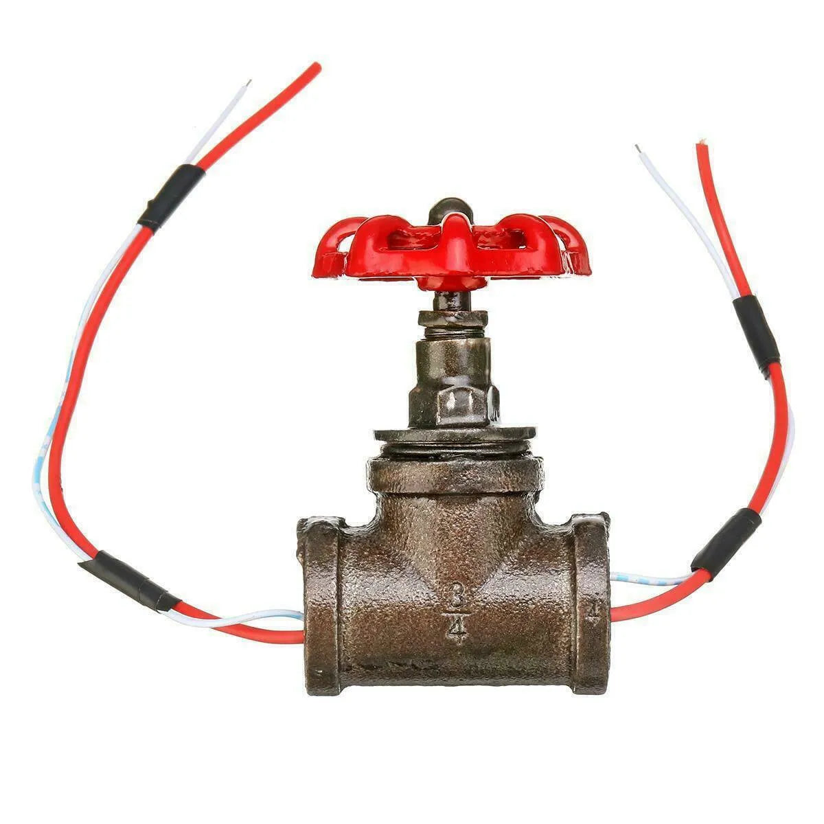 Steampunk industrial tee valve with red switch, grey body and copper accents showing 3/4 inch threaded connections