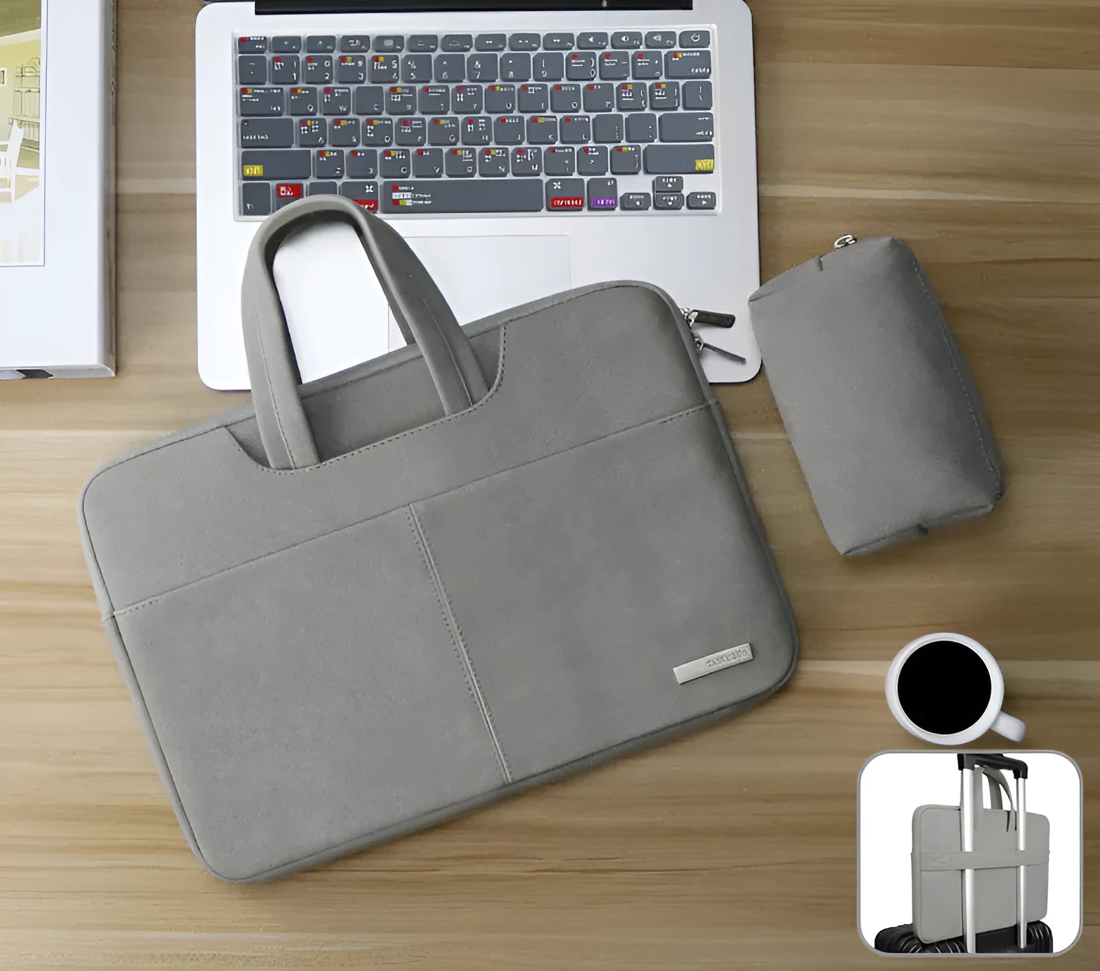 Blue waterproof PU leather laptop bag open, showing internal organiser pockets and shock-resistant computer compartment.
