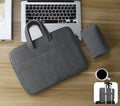 Blue waterproof PU leather laptop bag open, showing internal organiser pockets and shock-resistant computer compartment.