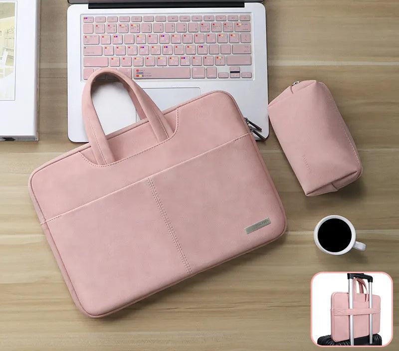 Blue waterproof PU leather laptop bag open, showing internal organiser pockets and shock-resistant computer compartment.