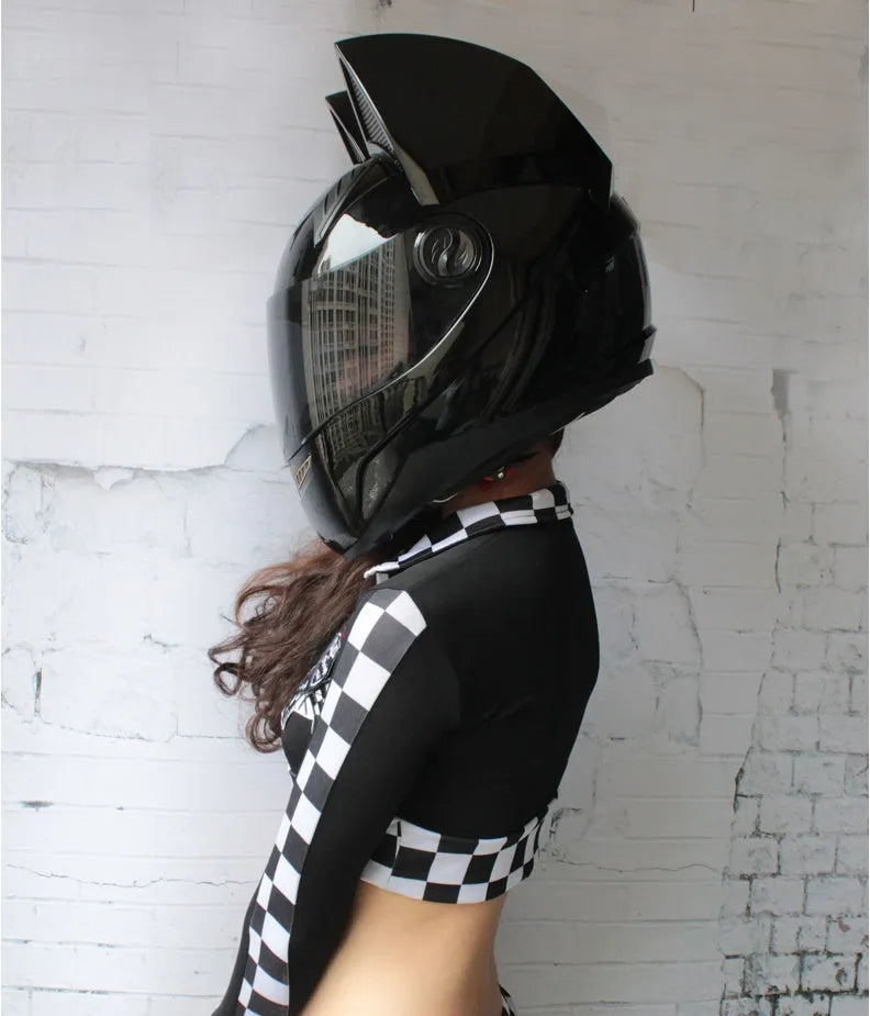 Full face motorcycle helmet with cat ears and headless rider design in black ABS