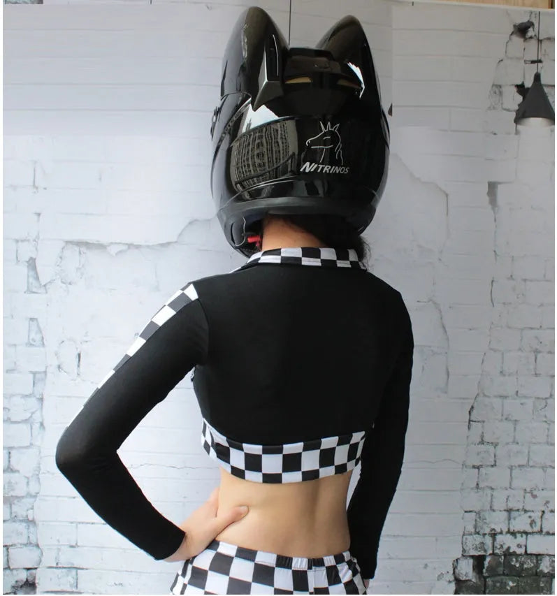 Full face motorcycle helmet with cat ears and headless rider design in black ABS