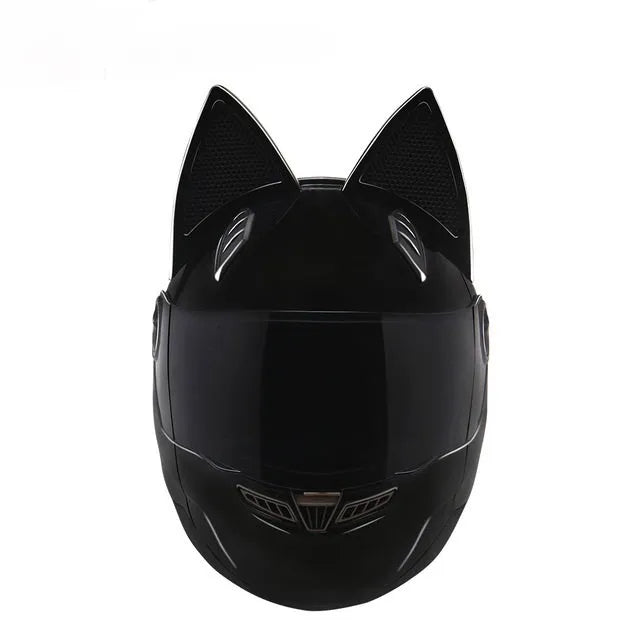 Full face motorcycle helmet with cat ears and headless rider design in black ABS