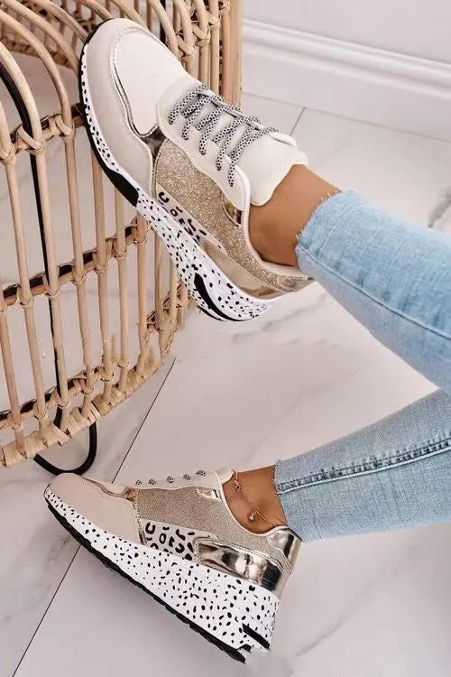 Women suede platform sneakers lace-up round toe wedge heel golden gray