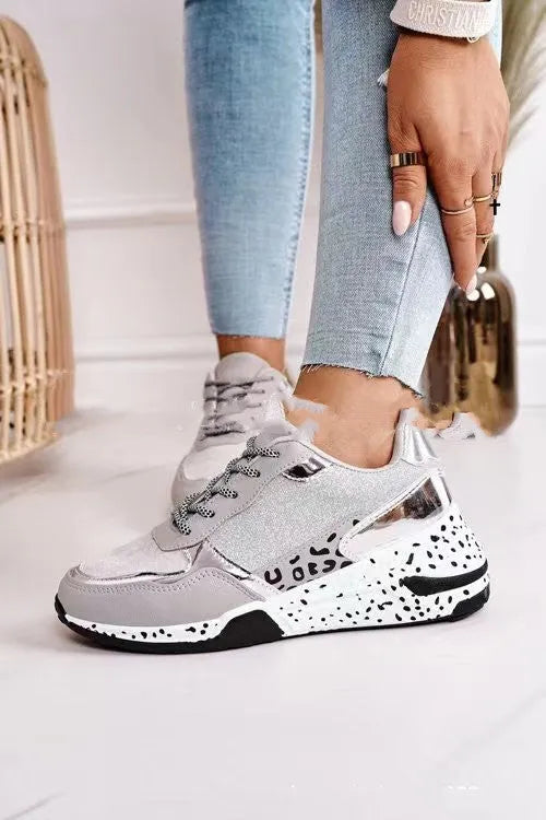 Women suede platform sneakers lace-up round toe wedge heel golden gray