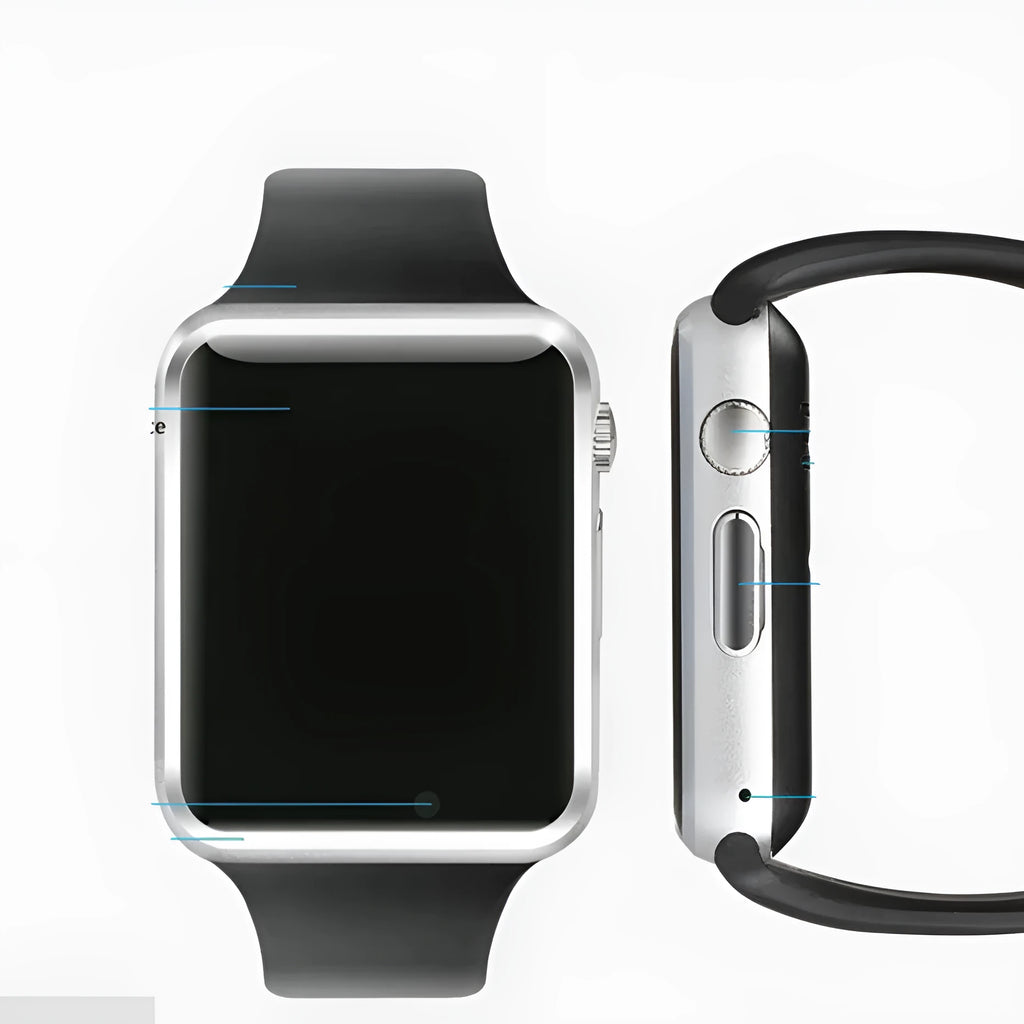A1 Smart Watch with touchscreen display showing interface, available in multiple colours including black, silver, blue