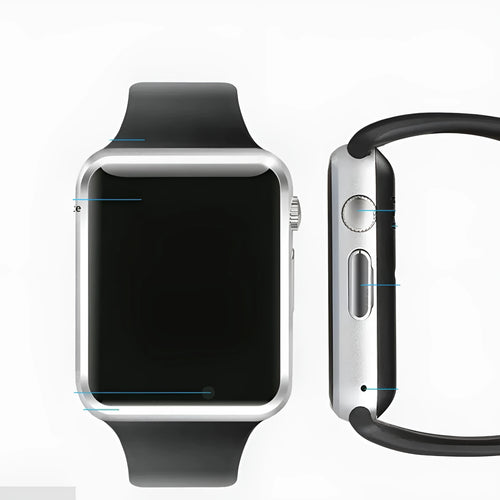 A1 Smart Watch with touchscreen display showing interface, available in multiple colours including black, silver, blue