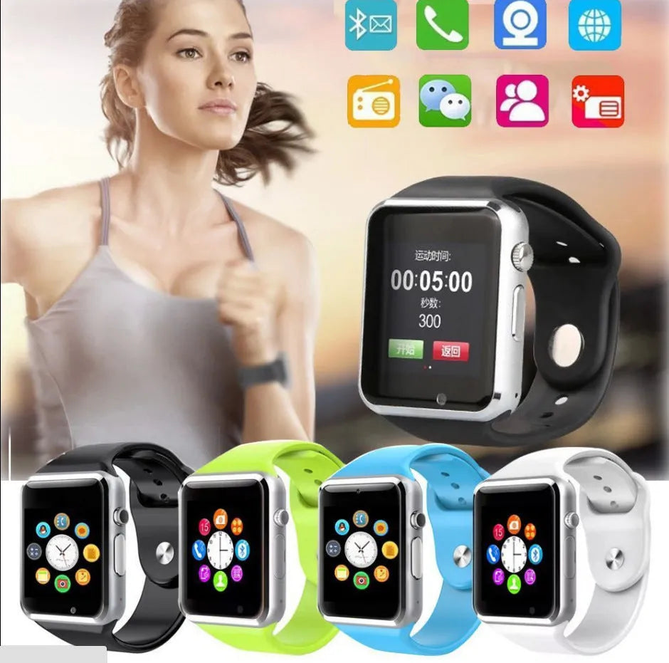 A1 Smart Watch with touchscreen display showing interface, available in multiple colours including black, silver, blue
