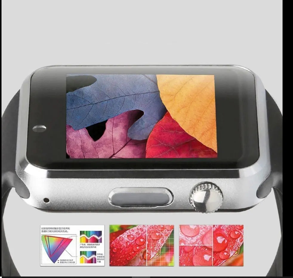 A1 Smart Watch with touchscreen display showing interface, available in multiple colours including black, silver, blue