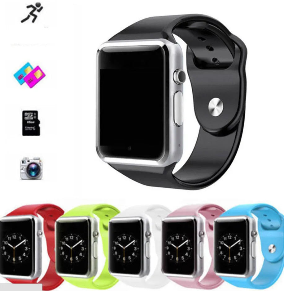 A1 Smart Watch with touchscreen display showing interface, available in multiple colours including black, silver, blue