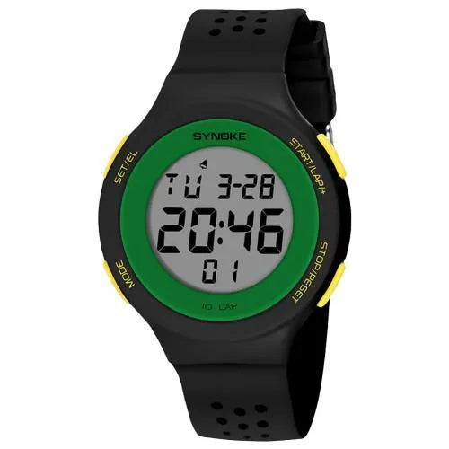 Thin LED digital swimming watch with 50m waterproof rating in multiple colour options.