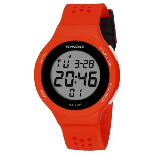 Thin LED digital swimming watch with 50m waterproof rating in multiple colour options.