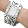 Womens quartz watch with stainless steel strap, 40mm silver dial, and analogue display