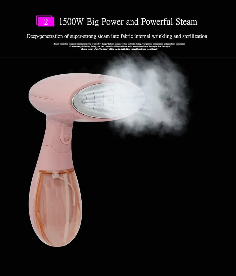 Sokany pink handheld steam ironing brush with EU plug on a white background.