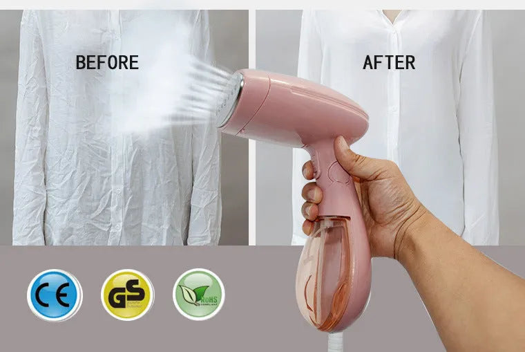 Sokany pink handheld steam ironing brush with EU plug on a white background.