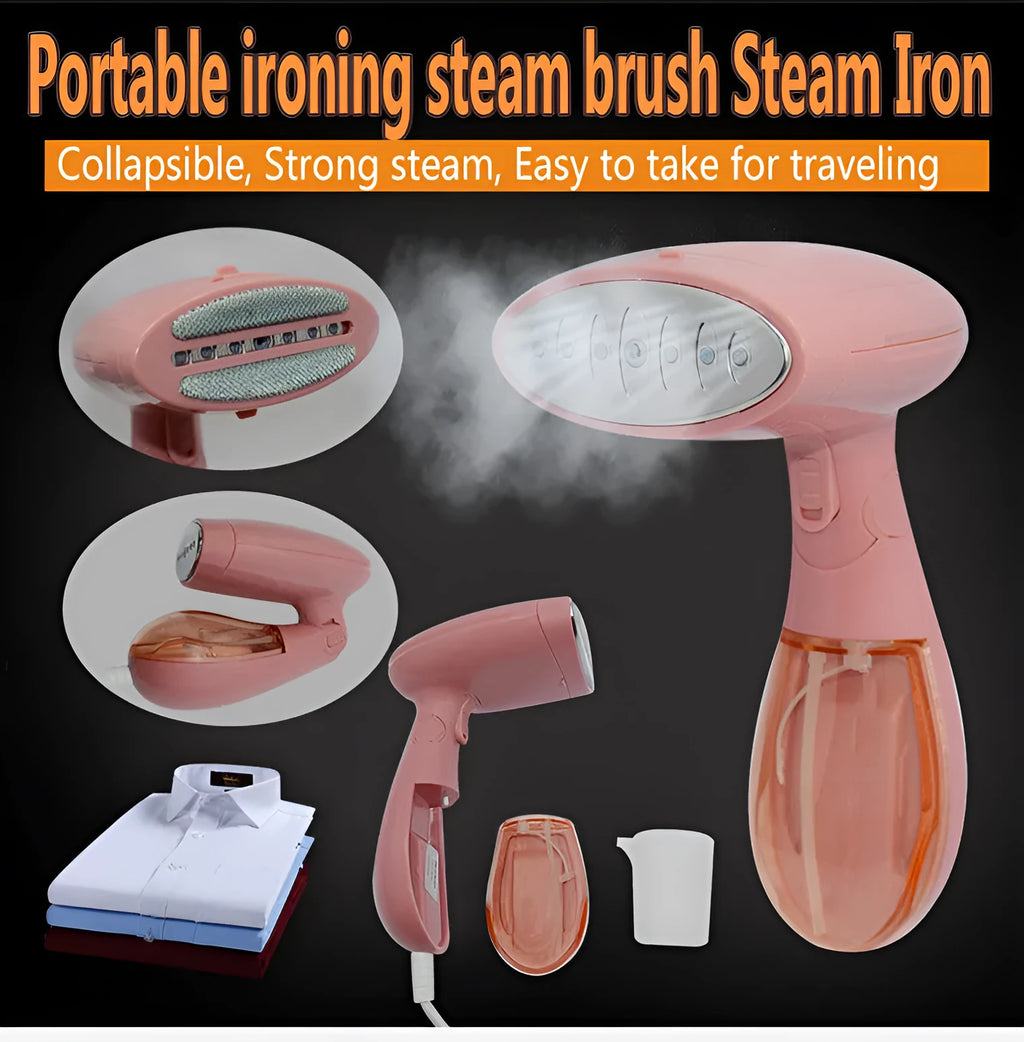 Sokany pink handheld steam ironing brush with EU plug on a white background.