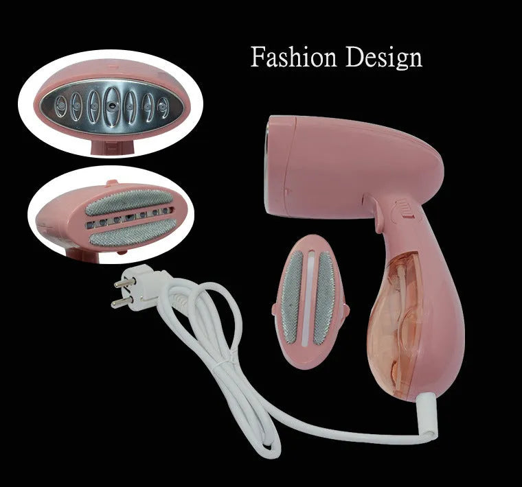 Sokany pink handheld steam ironing brush with EU plug on a white background.