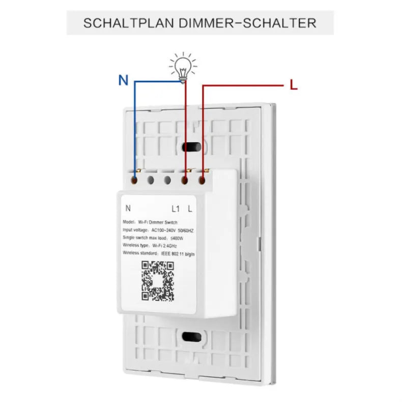 White 120-type smart WiFi touch dimmer switch with a tempered glass panel on a wall.