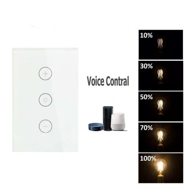 White 120-type smart WiFi touch dimmer switch with a tempered glass panel on a wall.