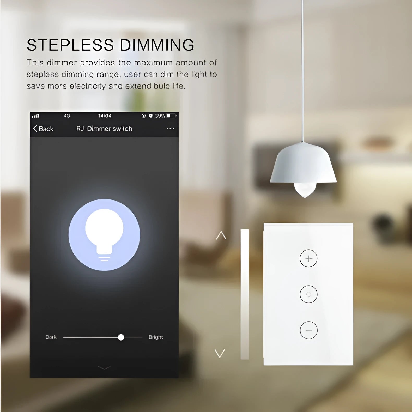 White 120-type smart WiFi touch dimmer switch with a tempered glass panel on a wall.