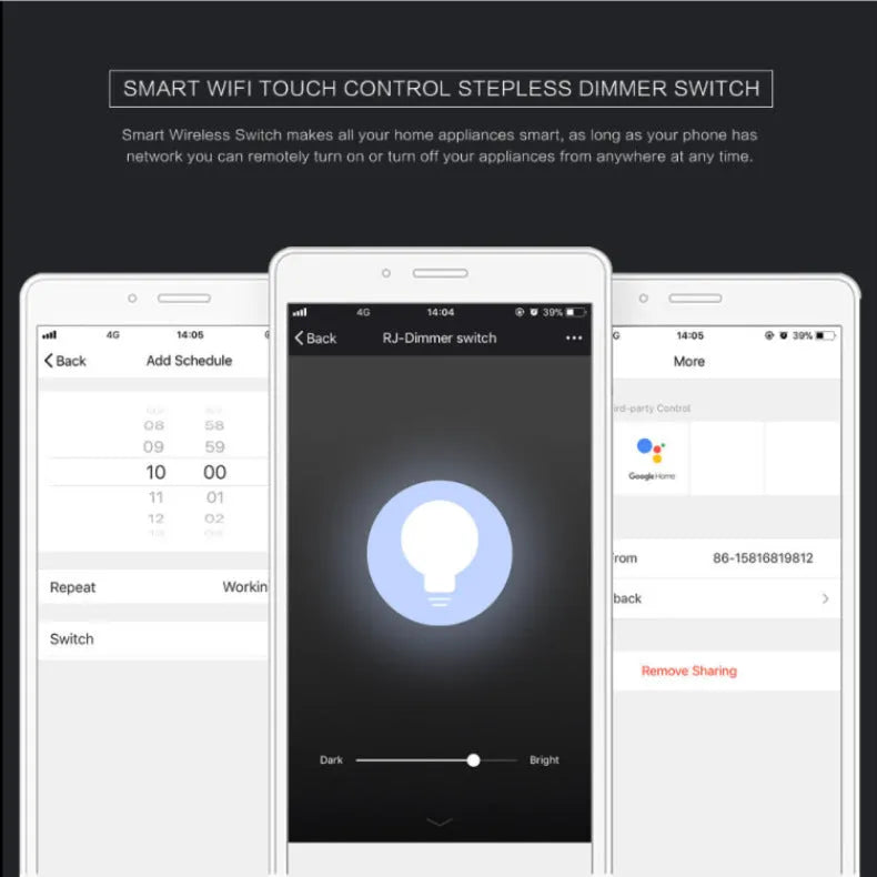 White 120-type smart WiFi touch dimmer switch with a tempered glass panel on a wall.