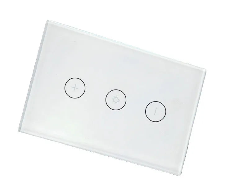 White 120-type smart WiFi touch dimmer switch with a tempered glass panel on a wall.
