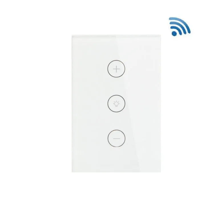 White 120-type smart WiFi touch dimmer switch with a tempered glass panel on a wall.