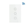 White 120-type smart WiFi touch dimmer switch with a tempered glass panel on a wall.