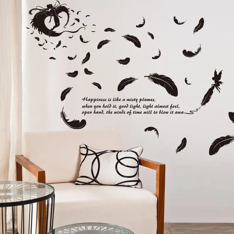 Black feather angel three generations removable wall stickers measuring 50x70cm