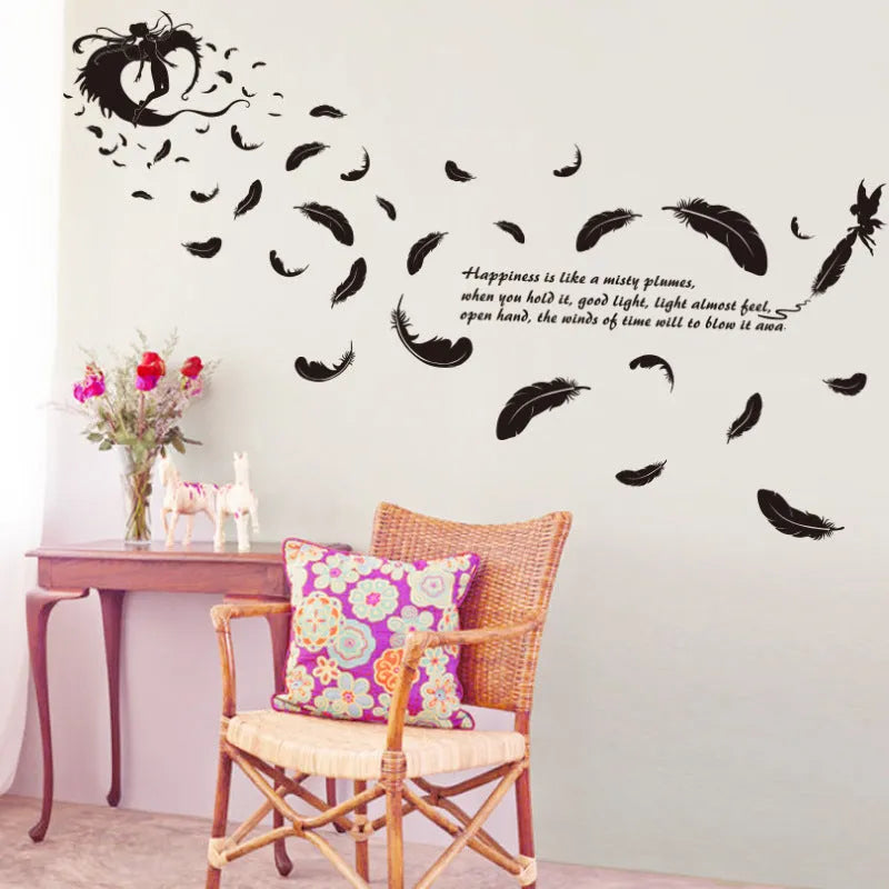 Black feather angel three generations removable wall stickers measuring 50x70cm