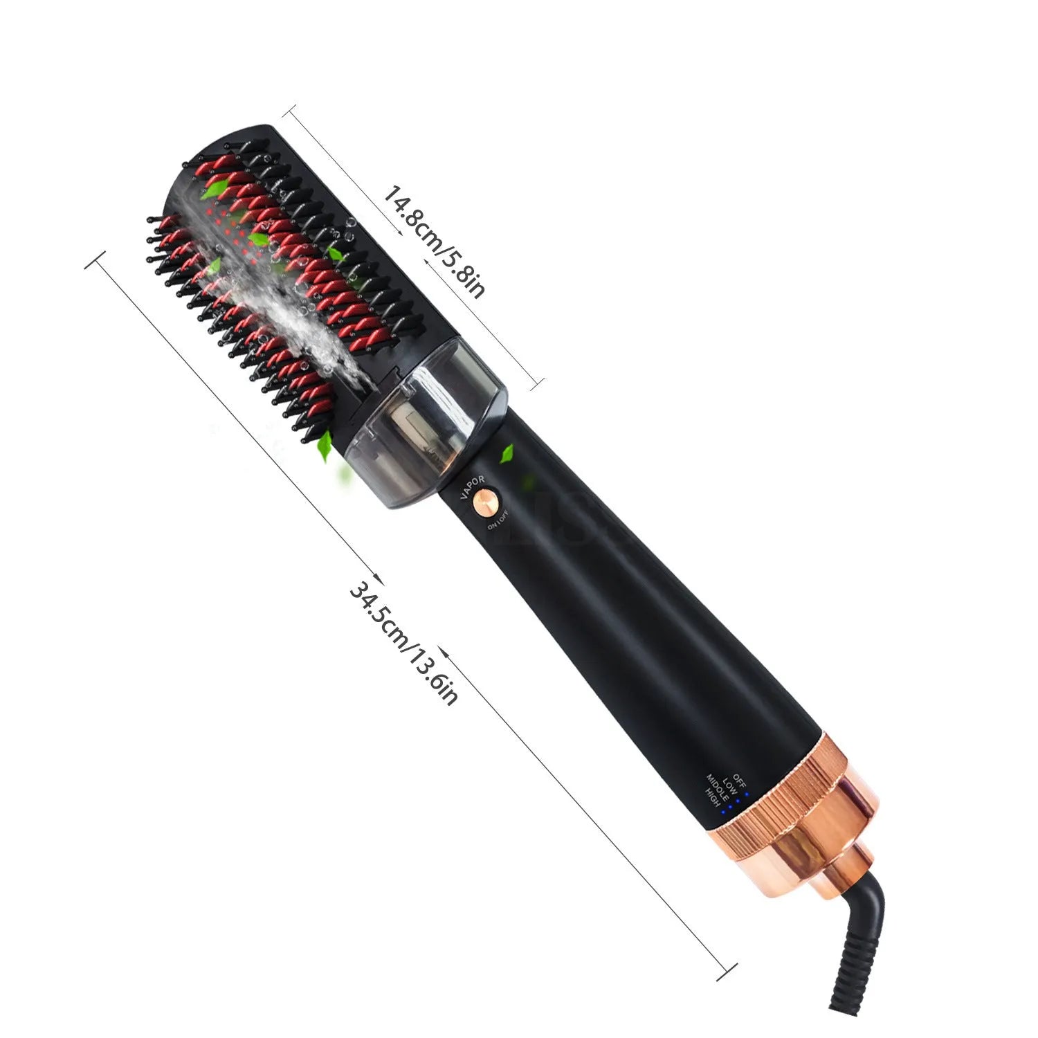 Black and pink hot air comb with ceramic tourmaline heat conductor and temperature control dial
