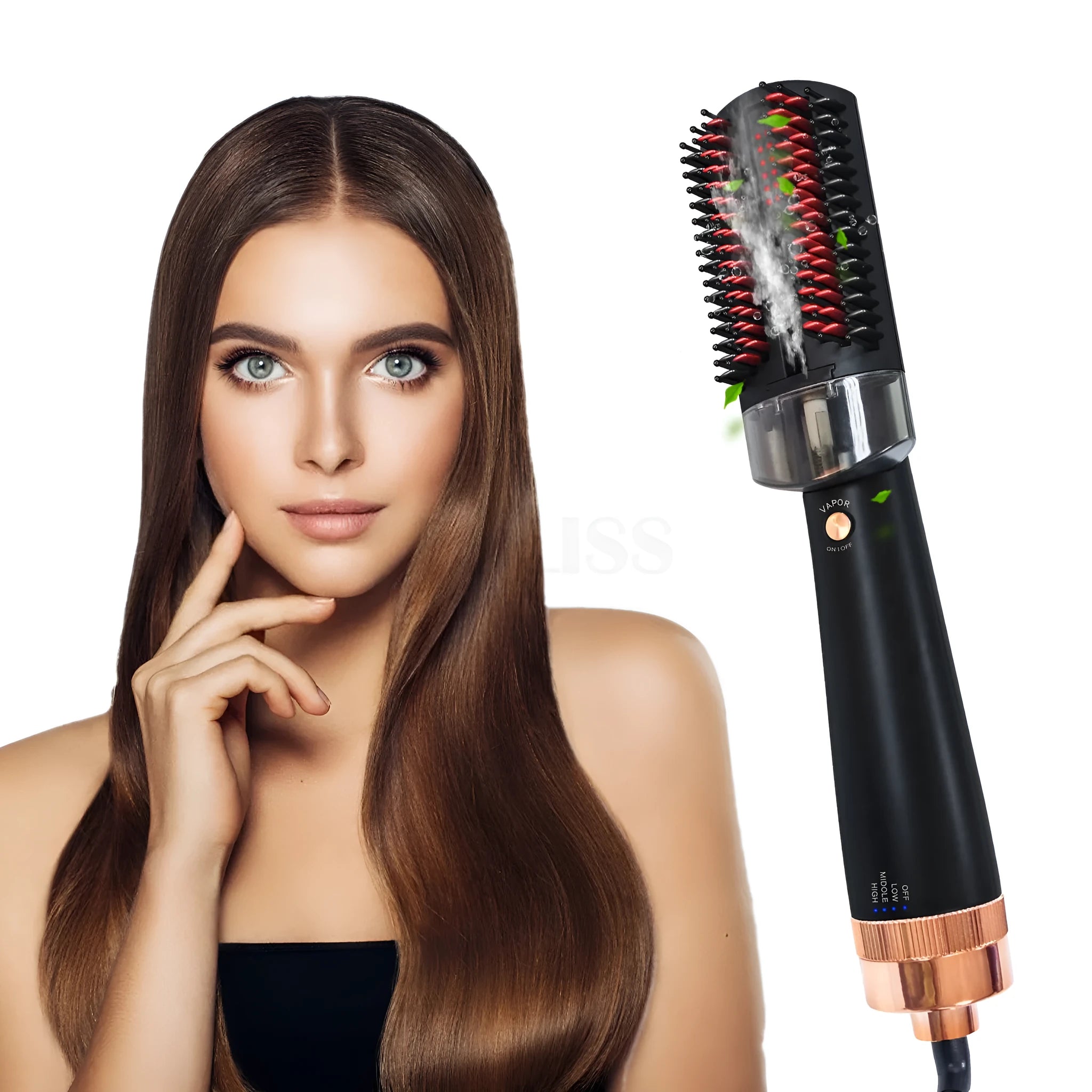 Black and pink hot air comb with ceramic tourmaline heat conductor and temperature control dial