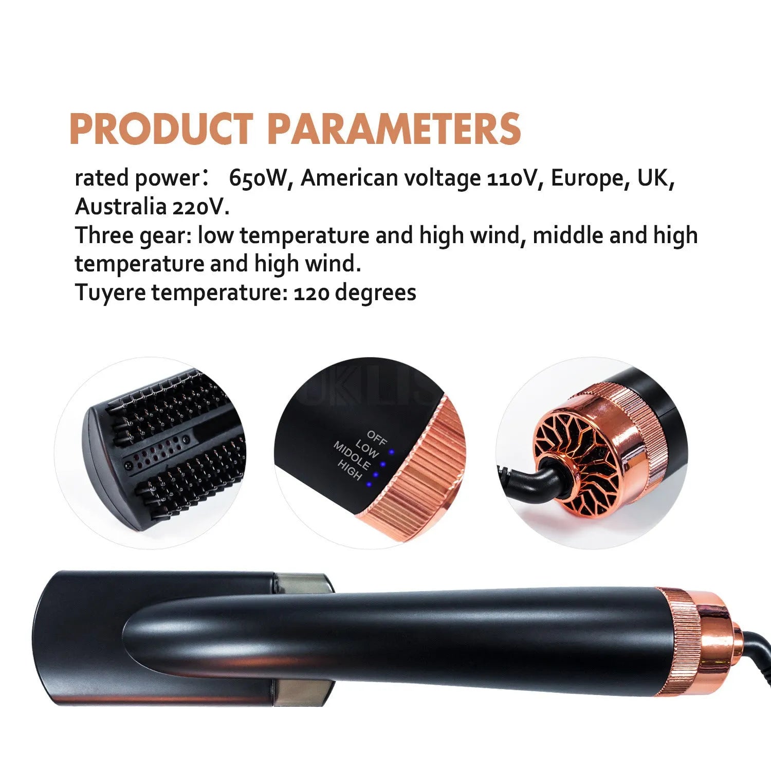 Black and pink hot air comb with ceramic tourmaline heat conductor and temperature control dial