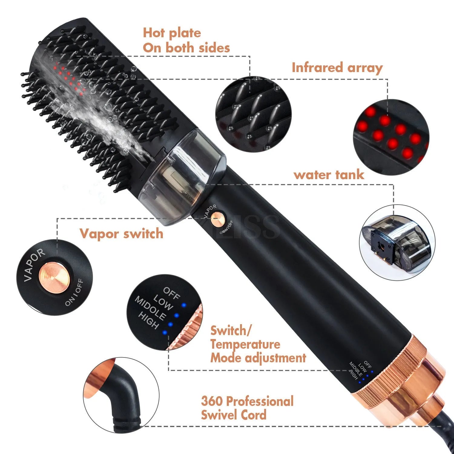 Black and pink hot air comb with ceramic tourmaline heat conductor and temperature control dial