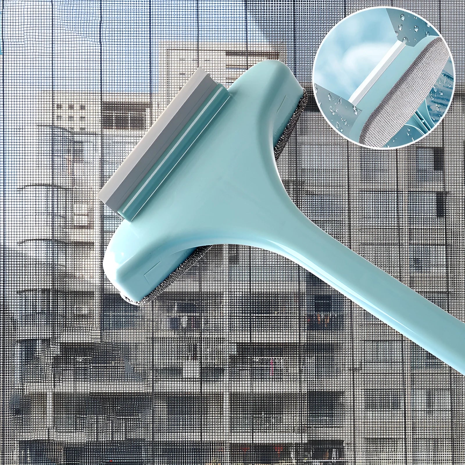 Blue and pink household cleaning brush set with a detachable crevice brush for window screens.