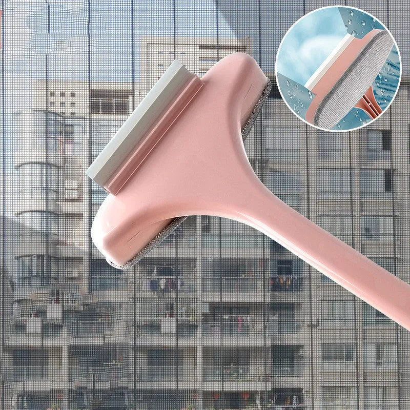 Blue and pink household cleaning brush set with a detachable crevice brush for window screens.