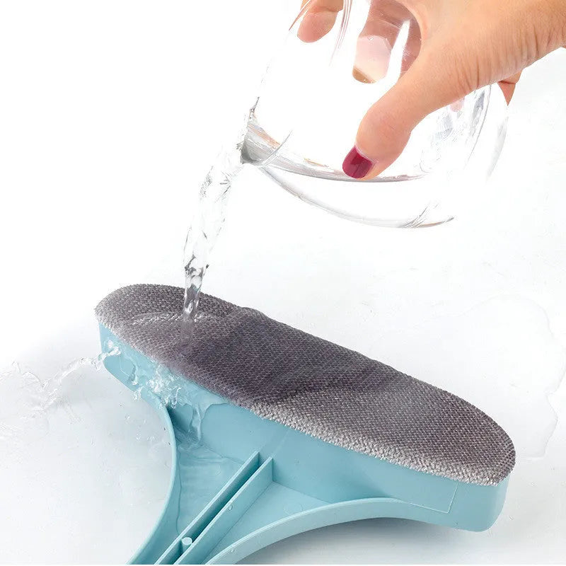 Blue and pink household cleaning brush set with a detachable crevice brush for window screens.