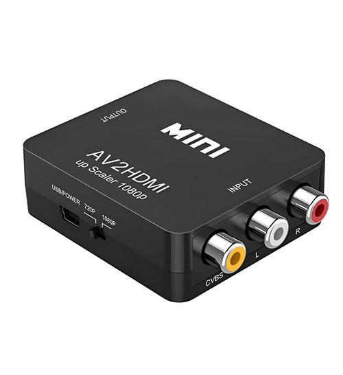 Black and white AV to HDMI mini converter with 0.5 metre cable for 1080P signal conversion