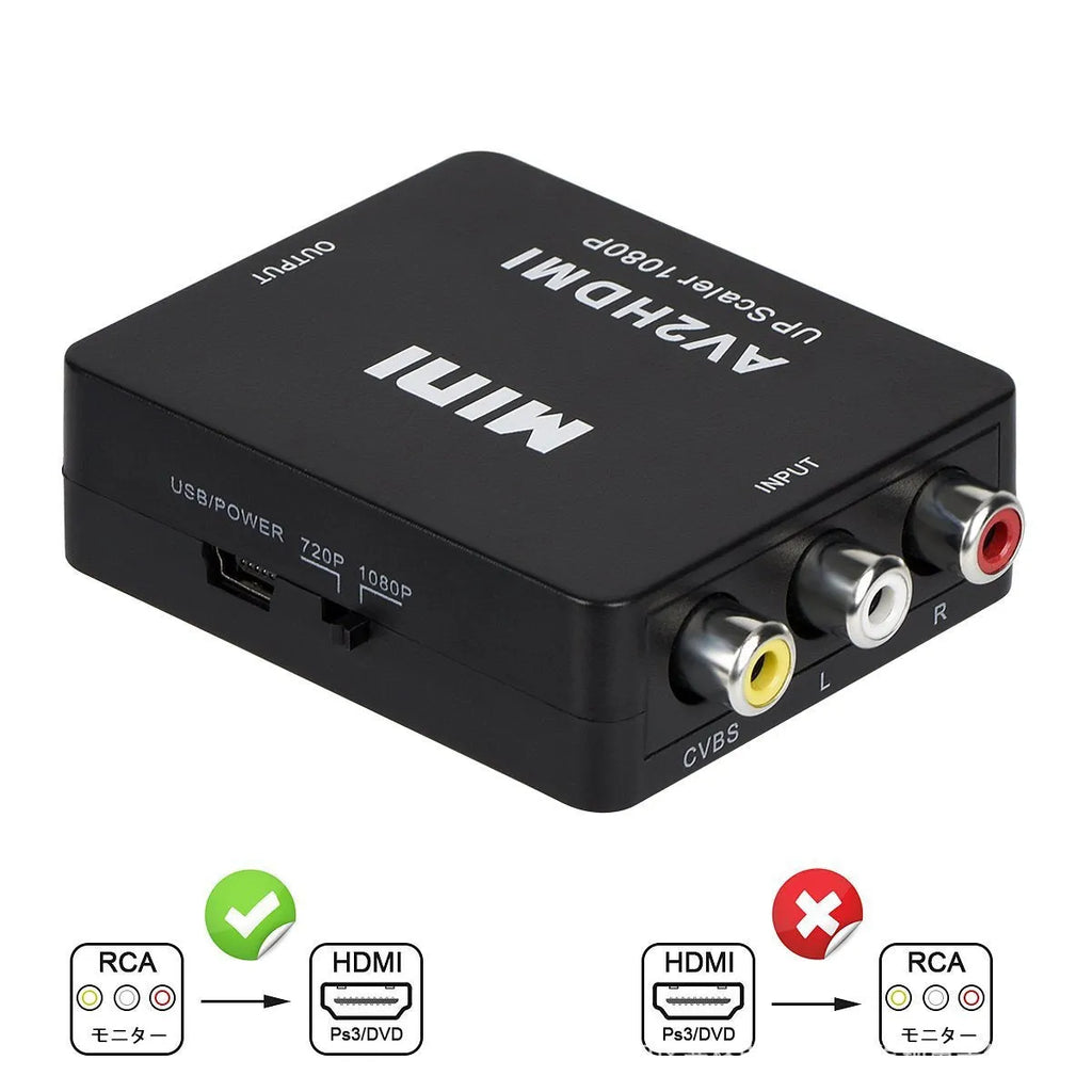 Black and white AV to HDMI mini converter with 0.5 metre cable for 1080P signal conversion