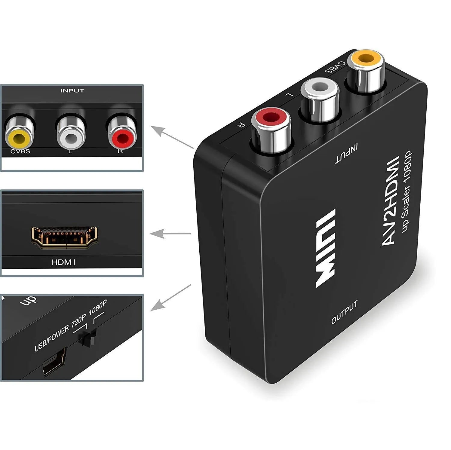 Black and white AV to HDMI mini converter with 0.5 metre cable for 1080P signal conversion