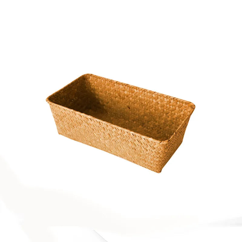 Natural straw rectangular storage box for desk organisation, shown in brown colour.