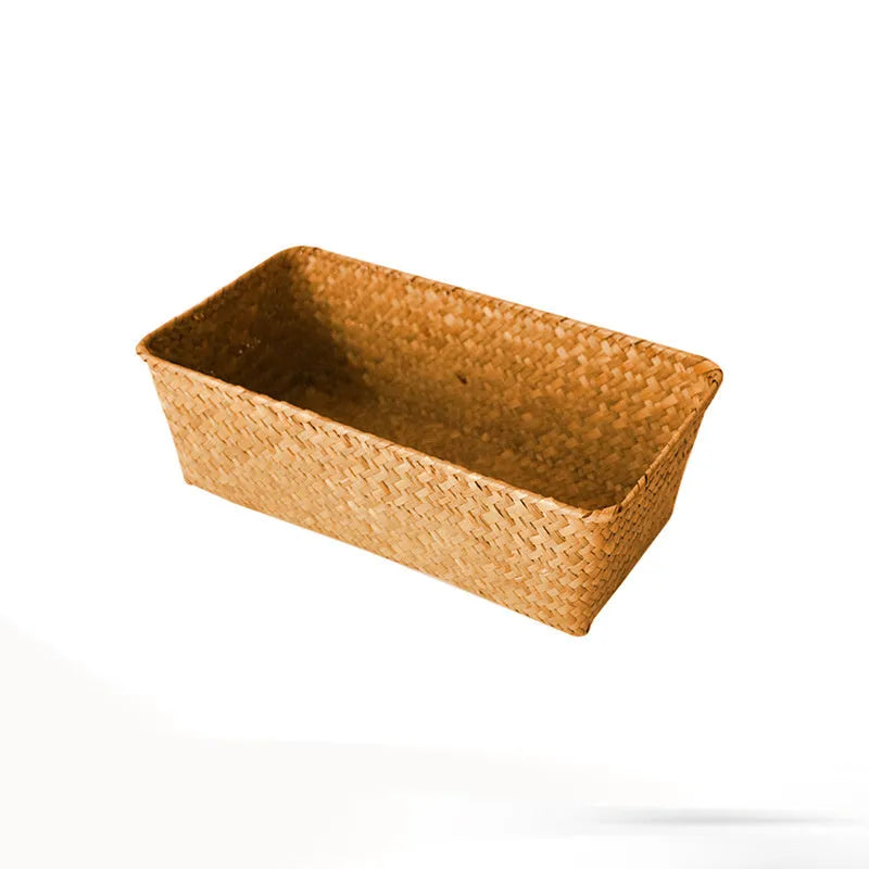 Natural straw rectangular storage box for desk organisation, shown in brown colour.