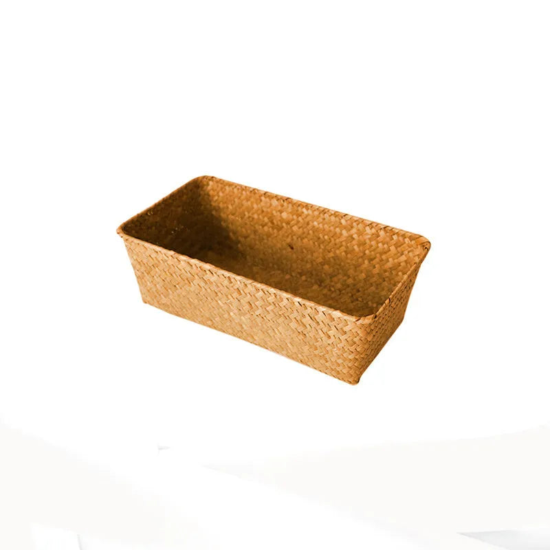 Natural straw rectangular storage box for desk organisation, shown in brown colour.