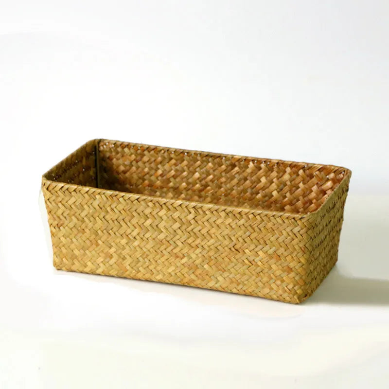Natural straw rectangular storage box for desk organisation, shown in brown colour.