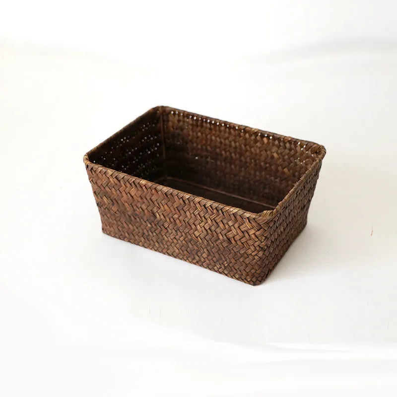Natural straw rectangular storage box for desk organisation, shown in brown colour.