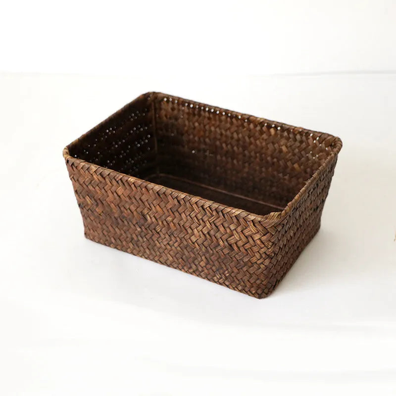 Natural straw rectangular storage box for desk organisation, shown in brown colour.