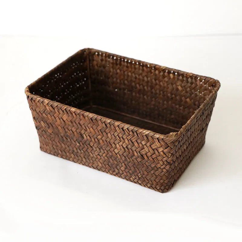 Natural straw rectangular storage box for desk organisation, shown in brown colour.