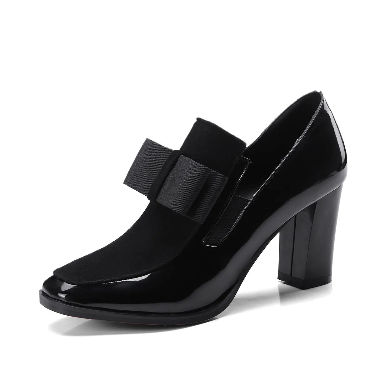 Women's black patent leather high heel shoes with thick heel and square toe design