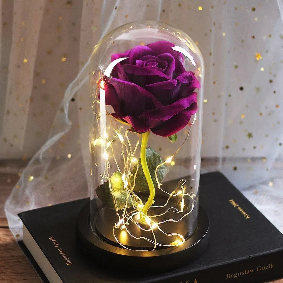 Silk rose bouquet with LED string lights and glass cover for wedding decoration