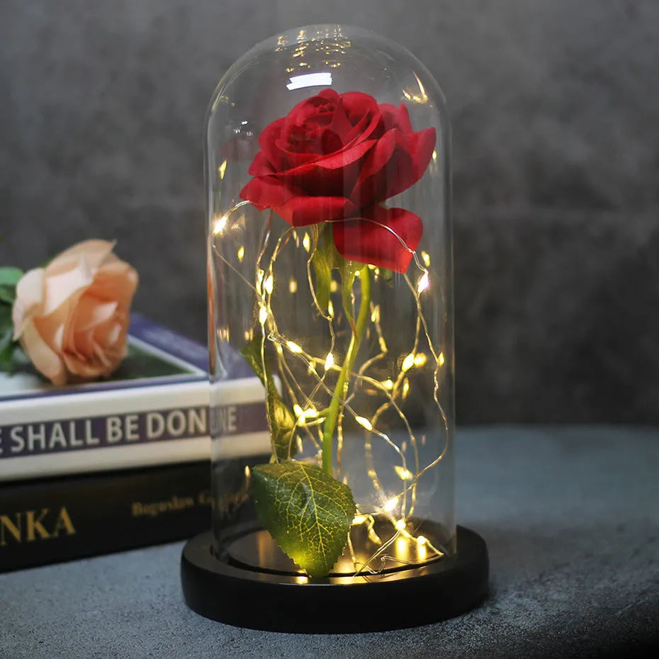 Silk rose bouquet with LED string lights and glass cover for wedding decoration